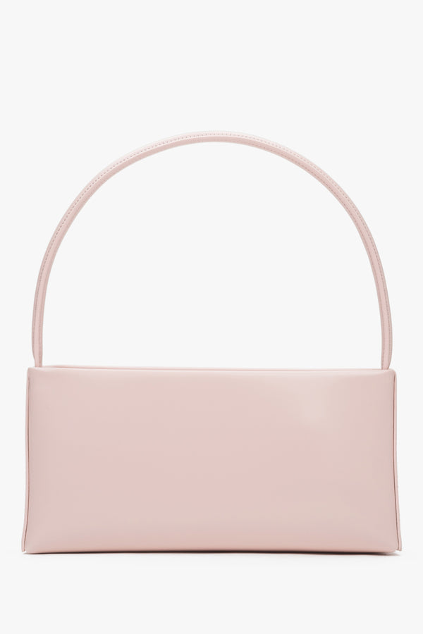 Elegant pastel pink shoulder bag featuring a modern rectangular silhouette.
