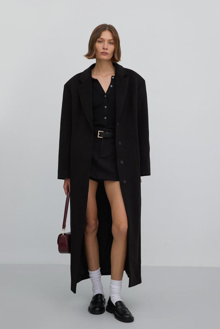 Women's Long Black Coat with Classic Cut Tied at the Waist Estro Estro ER00117927.