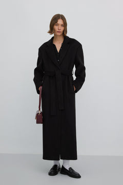 Long black women’s coat with a waist tie in a classic cut, Estro ER00117927.