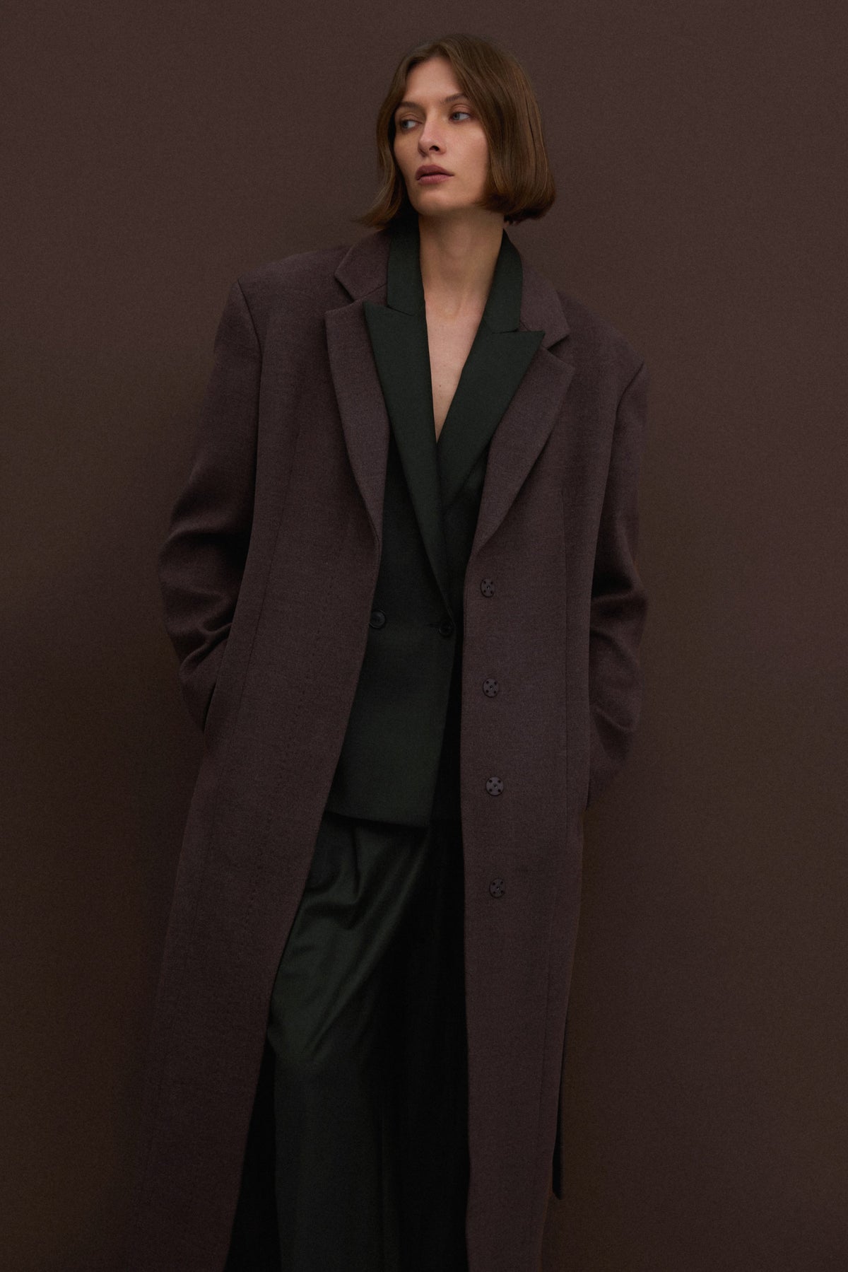 Women's Long Brown Coat with Classic Cut Tied at the Waist Estro ER00117926.