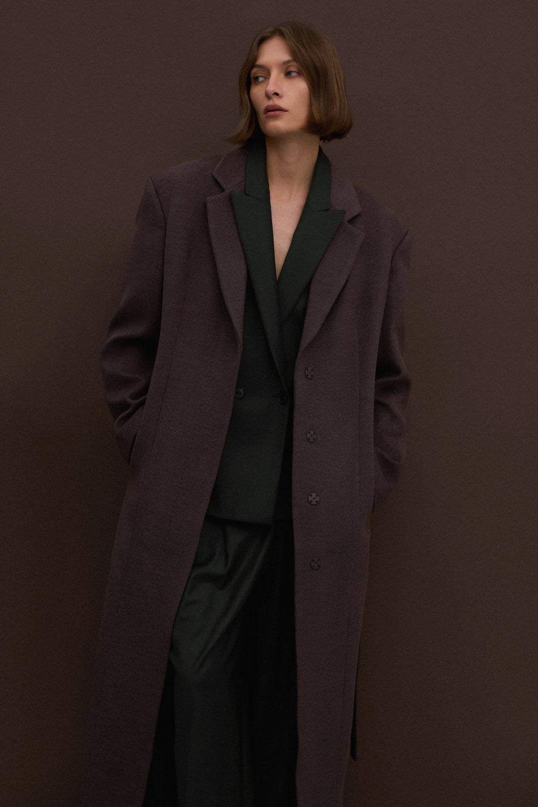 Women's Long Brown Coat with Classic Cut Tied at the Waist Estro ER00117926.