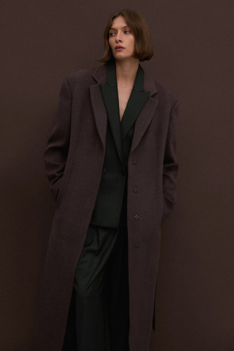 Women's Long Brown Coat with Classic Cut Tied at the Waist Estro ER00117926.