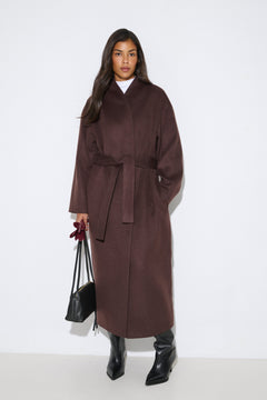 Women’s Long Dark Brown Coat with Waist Tie Made of Camel Wool and Cashmere Estro ER00117932