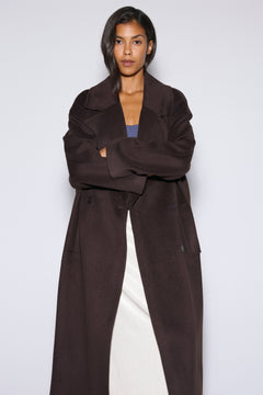 Women's Long Dark Brown Natural Wool Coat with Belt and Wide Lapels Estro ER00120608.