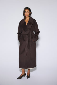 Estro - women's long dark brown wool coat with belt and wide lapels.