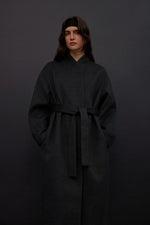 Women’s long dark grey coat with waist tie made of camel wool and cashmere Estro ER00117913