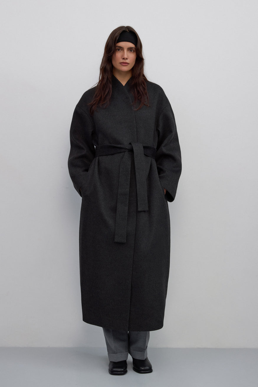 Warm long women’s coat with belt, camel wool and cashmere blend