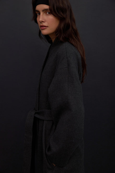 Elegant long dark grey camel wool and cashmere coat for women with belt