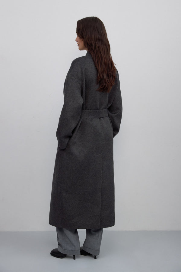 Long dark grey women’s coat with waist tie made of camel wool and cashmere Estro ER00117913.
