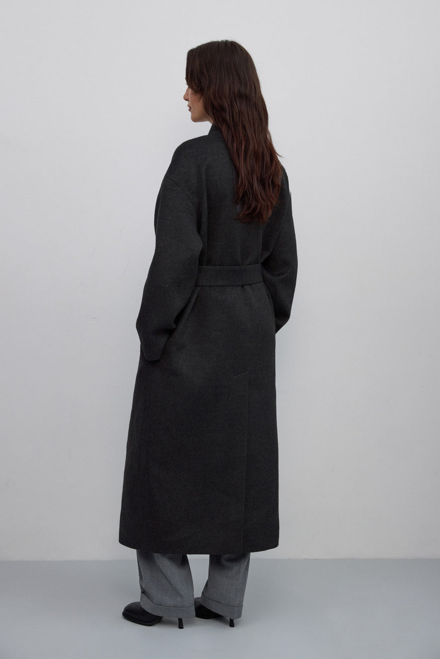 Estro ER00117913 women’s long coat in dark grey with waist tie