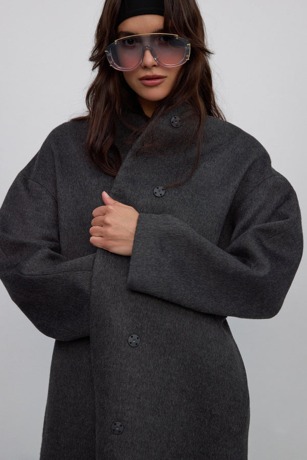 Dark grey long women’s coat Estro ER00117913 with waist tie made of camel wool and cashmere.