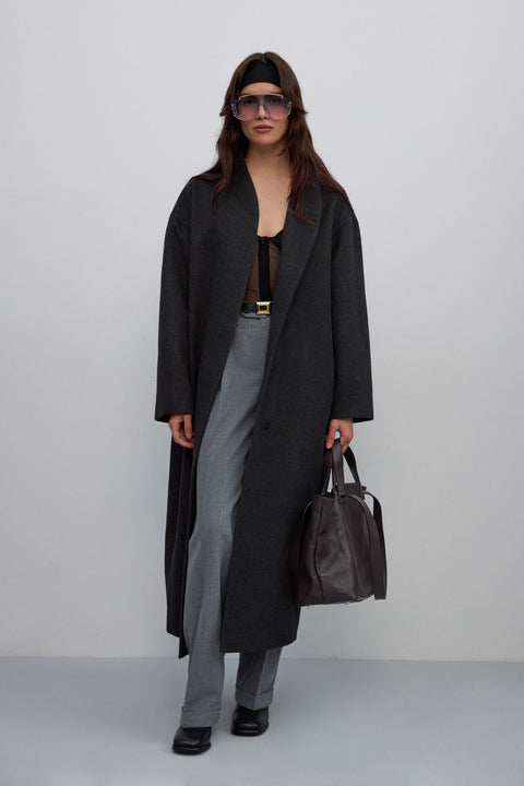 Premium women’s dark grey tie-waist coat made from camel wool and cashmere