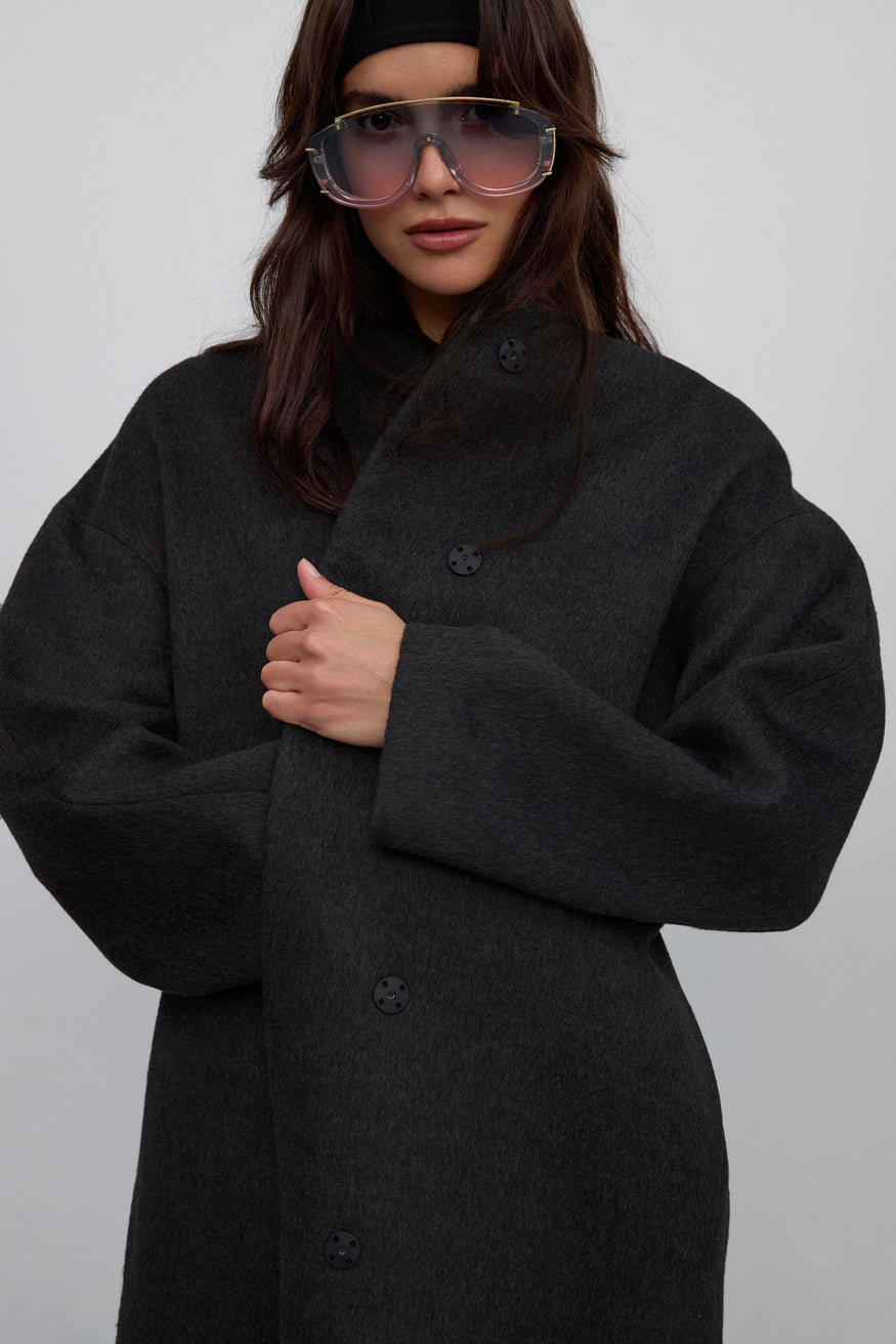 Stylish dark grey women’s coat with waist tie Estro ER00117913