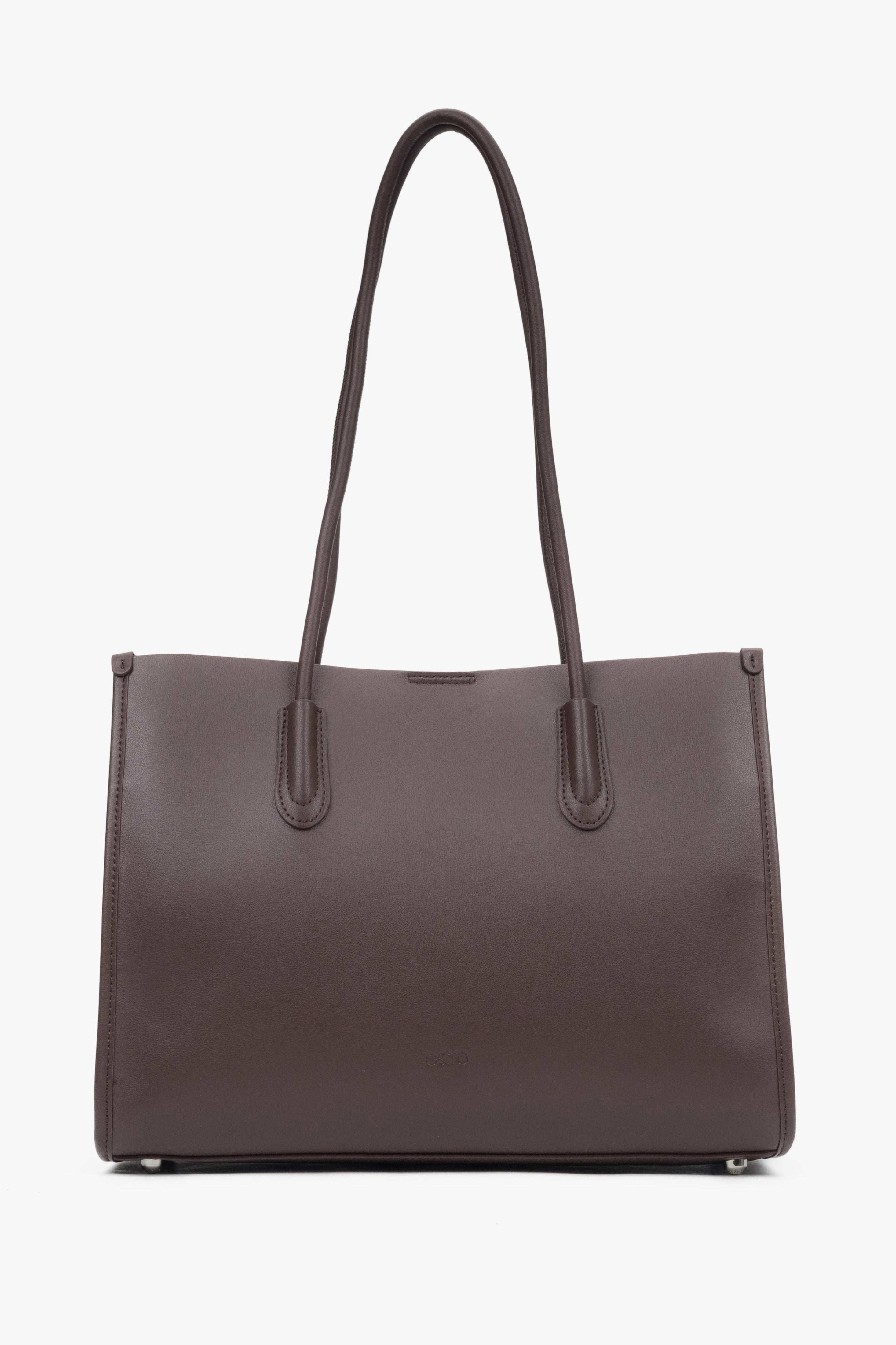 Estro women's dark brown leather shopper bag with long handles.