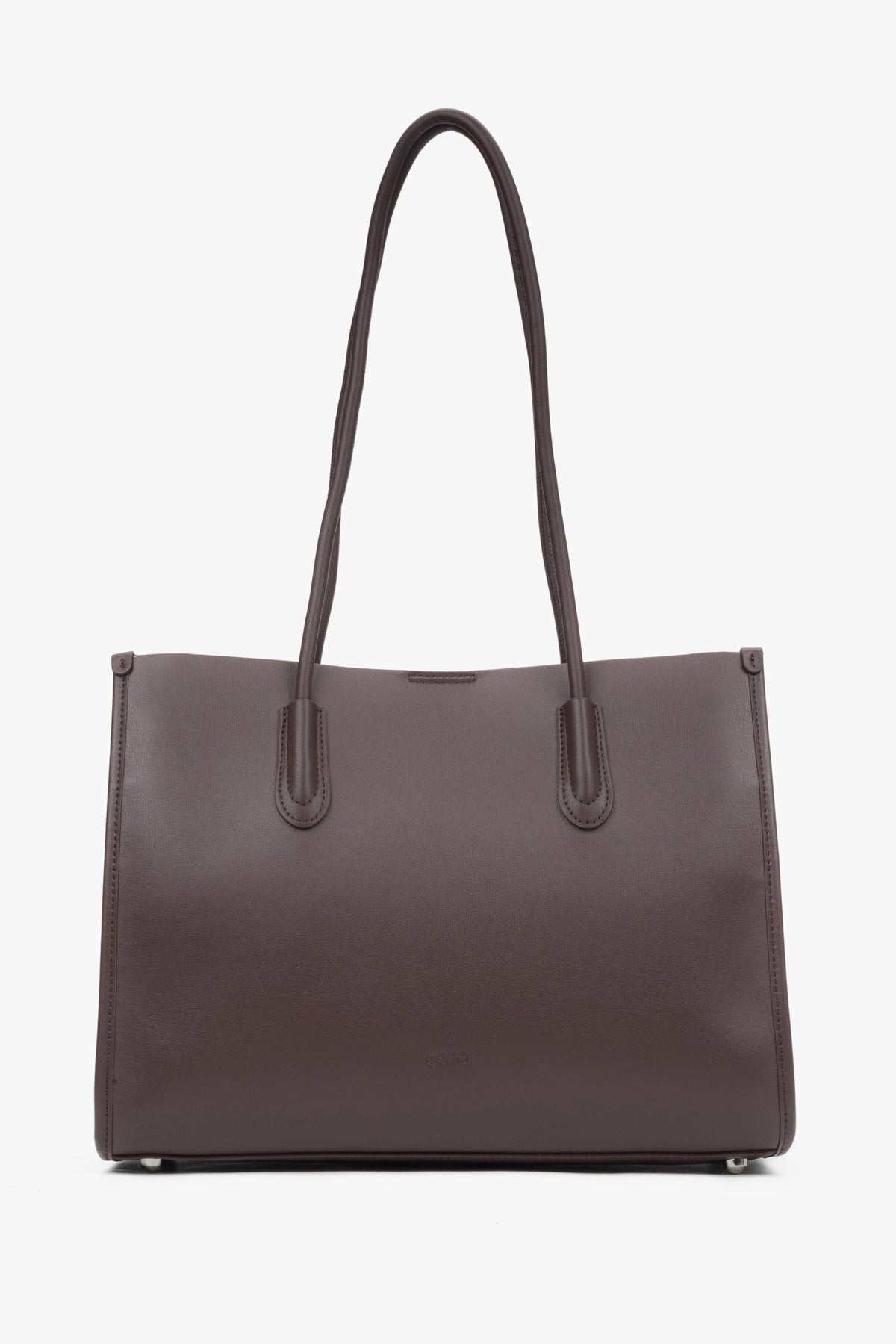 Estro women's dark brown leather shopper bag with long handles.