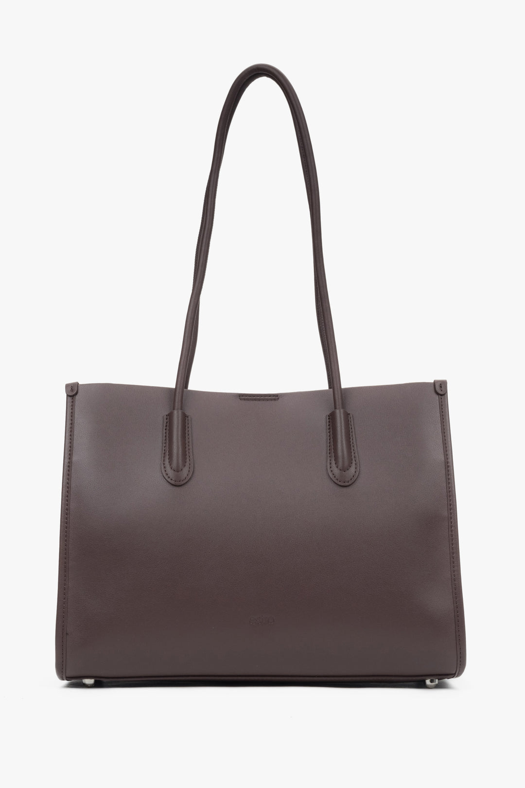 Estro women's dark brown leather shopper bag with long handles.