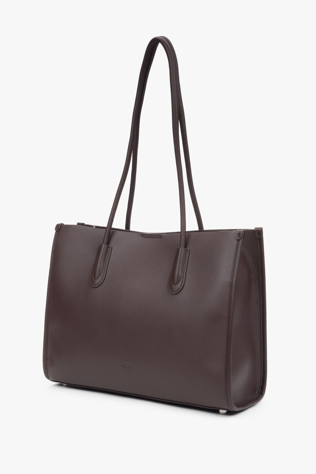 Estro women's dark brown leather shopper bag with long handles.