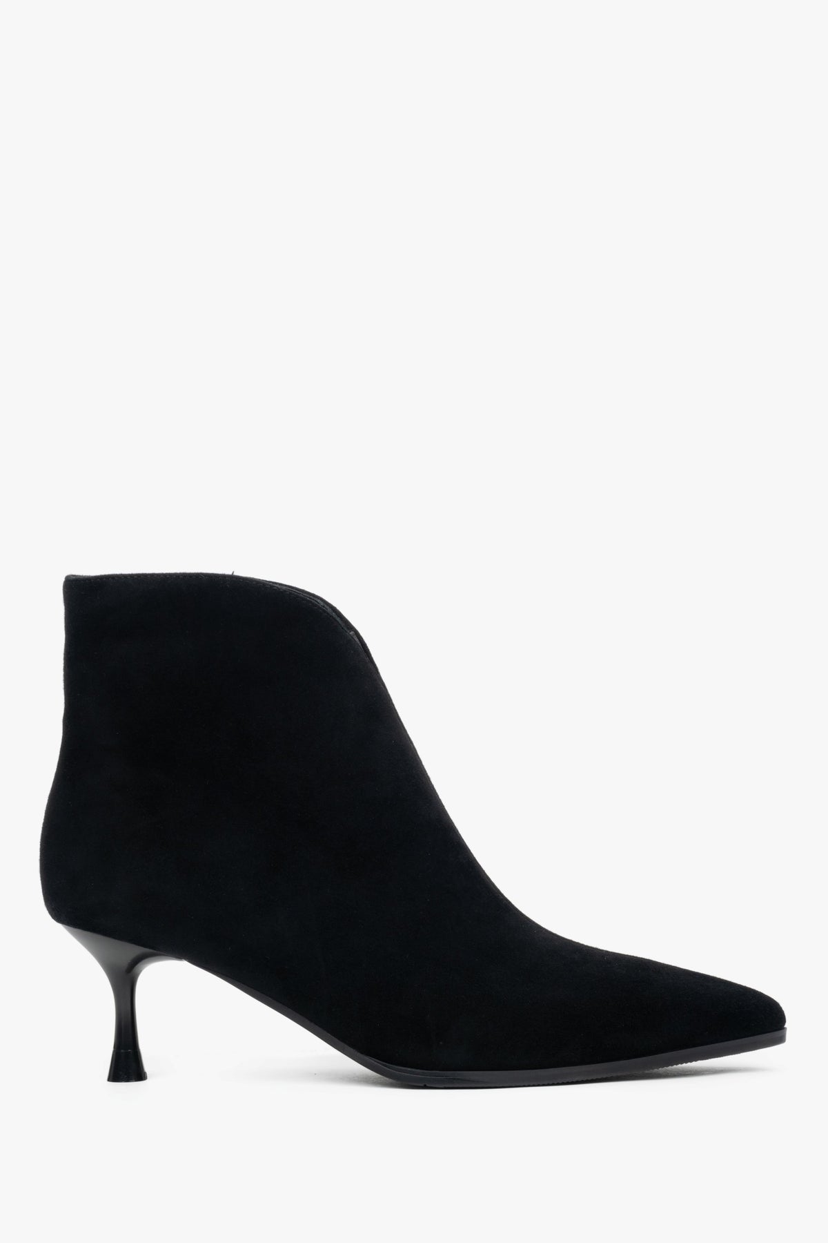 Low, black women’s ankle boots made of genuine velour with a funnel heel.