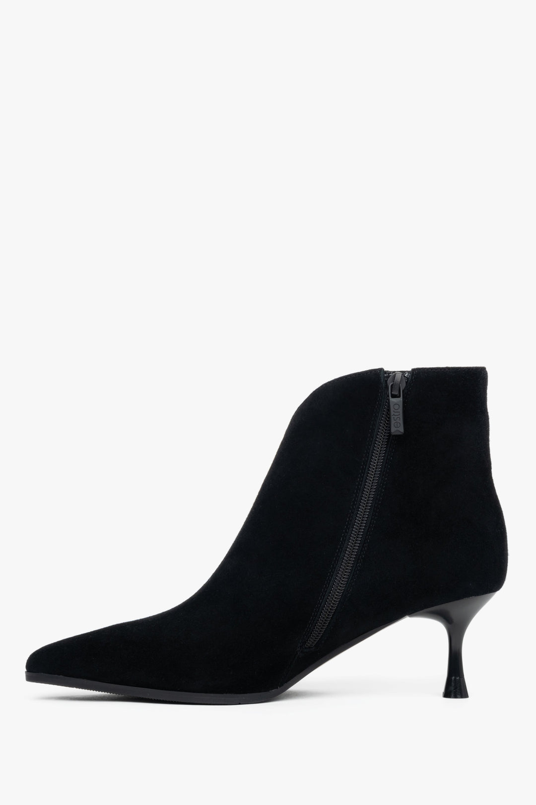 On a funnel heel, low, black women’s ankle boots made of genuine velour Estro.