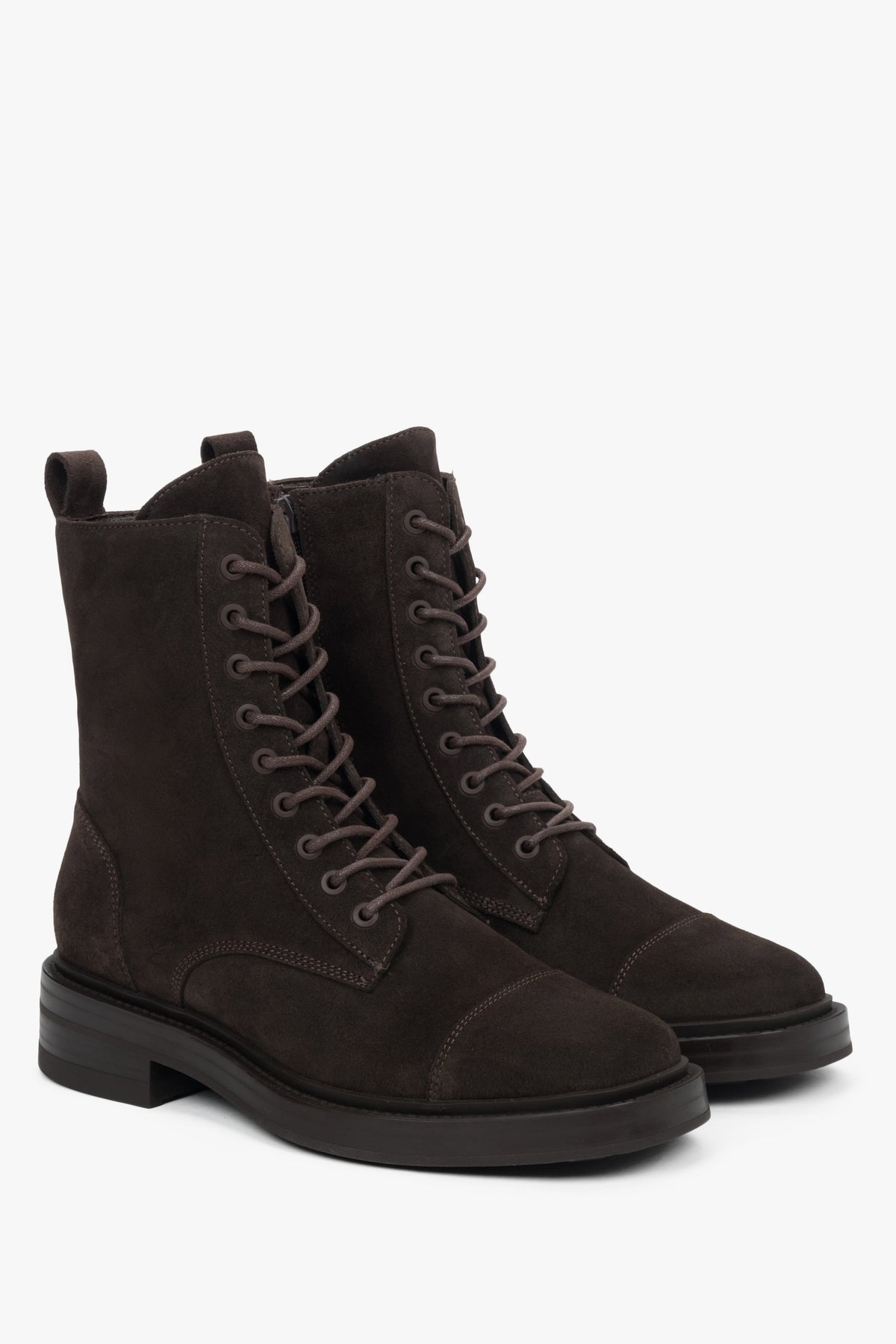 Women's low dark brown ankle boots made of Premium Italian Genuine Velour.