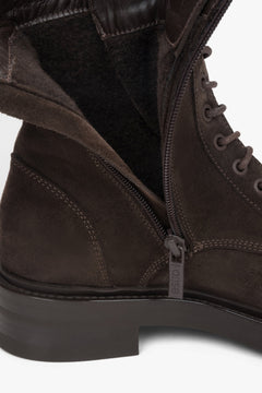 Women's low dark brown ankle boots made of Premium Italian Genuine Velour Estro.