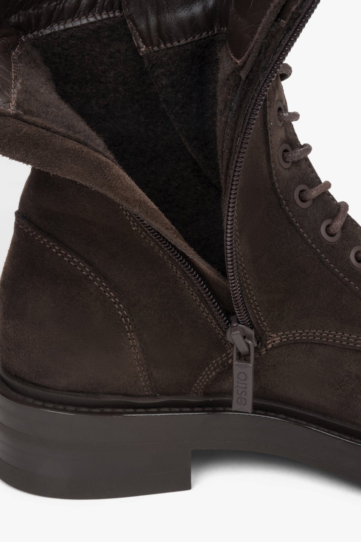 Women's low dark brown ankle boots made of Premium Italian Genuine Velour Estro.