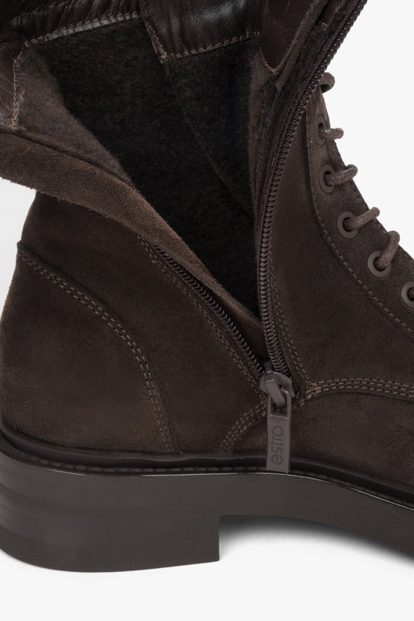 Women's low dark brown ankle boots made of Premium Italian Genuine Velour Estro.