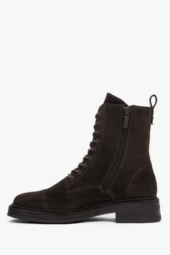 Women's dark brown low ankle boots made of Premium Italian Genuine Velour, Estro.
