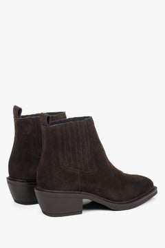 Dark brown velour women’s ankle cowboy boots.