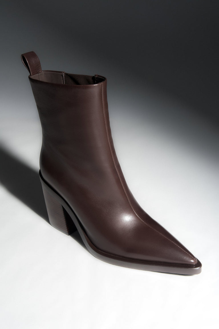 Women's low dark brown genuine leather cowboy boots.