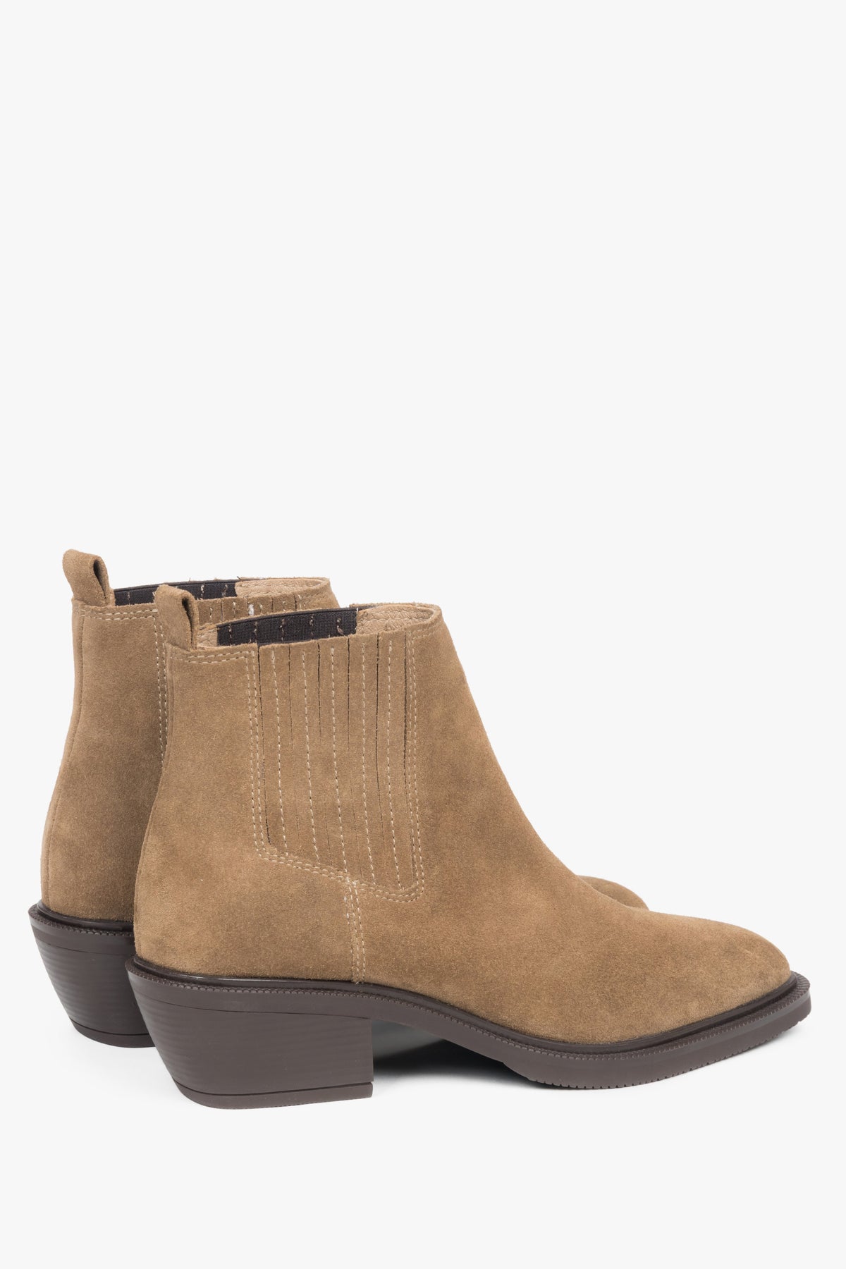 Light brown velour women’s ankle cowboy boots.