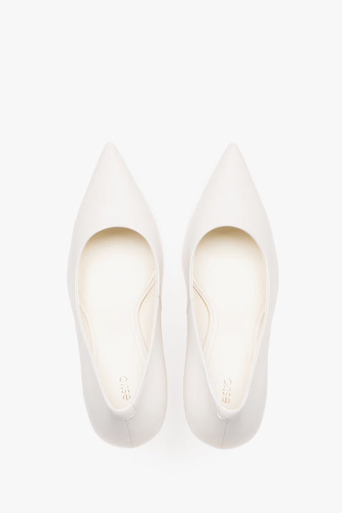 Women's Genuine Leather Stiletto Pumps in Milky Beige with Pointed Toe.