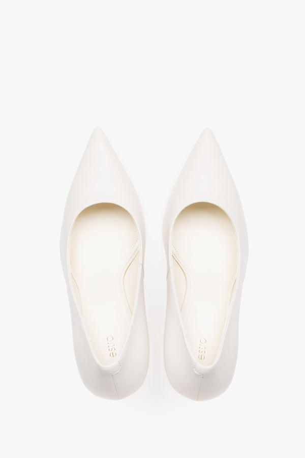 Women's Genuine Leather Stiletto Pumps in Milky Beige with Pointed Toe.