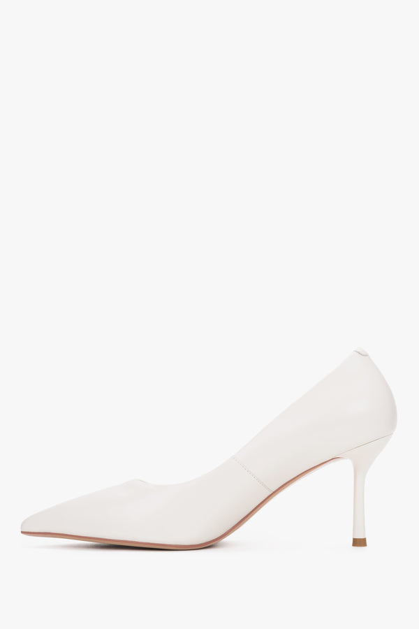 Stylish Milky Beige Women's Genuine Leather Pointed Toe Stiletto Pumps.
