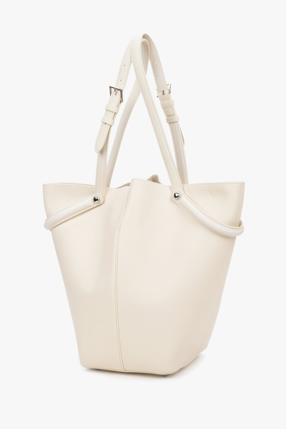 Women's Milky Beige Genuine Leather Tote Bag with Adjustable Handles Estro ER00120121.