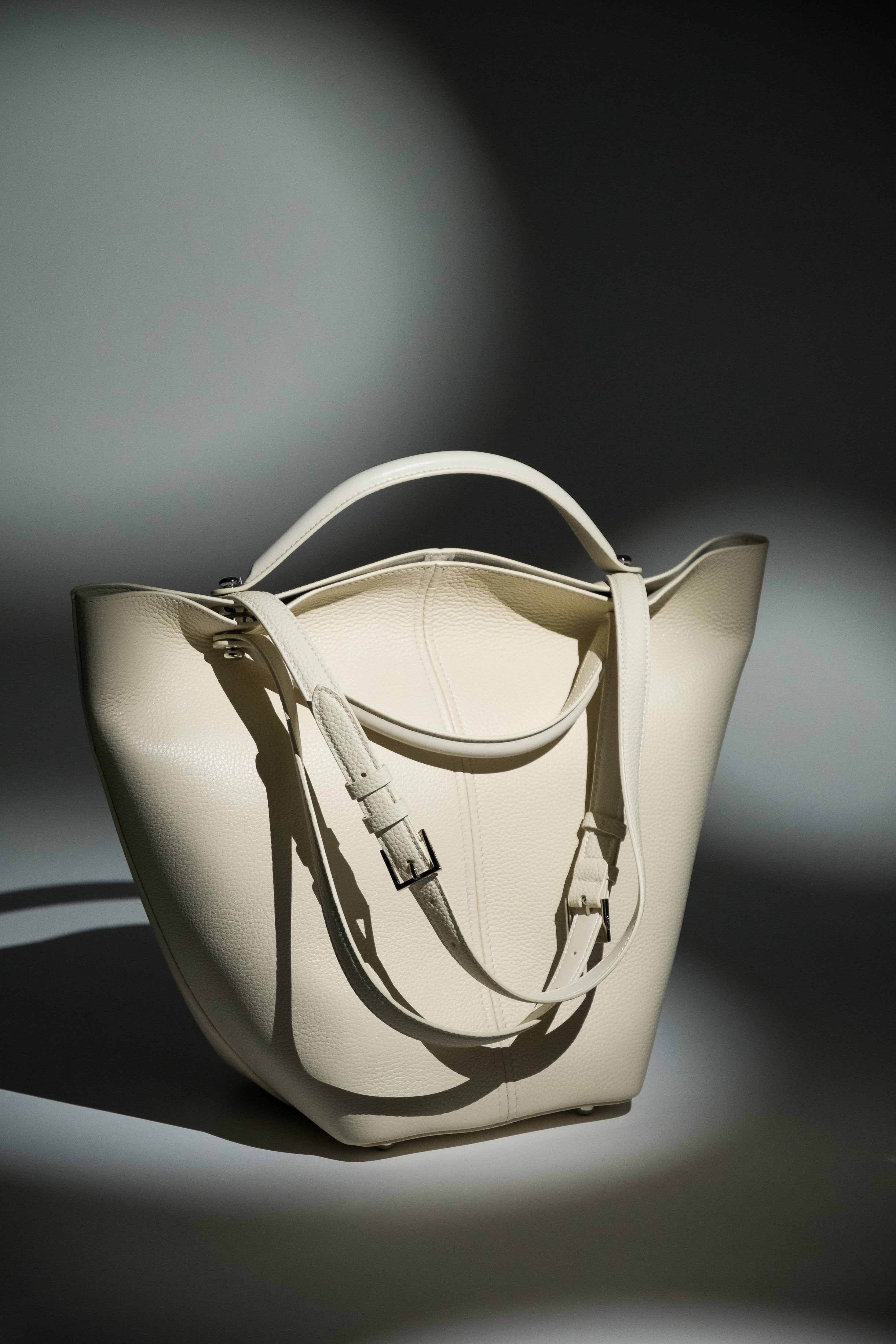 Milky Beige Women's Genuine Leather Tote Bag With Adjustable Handles.