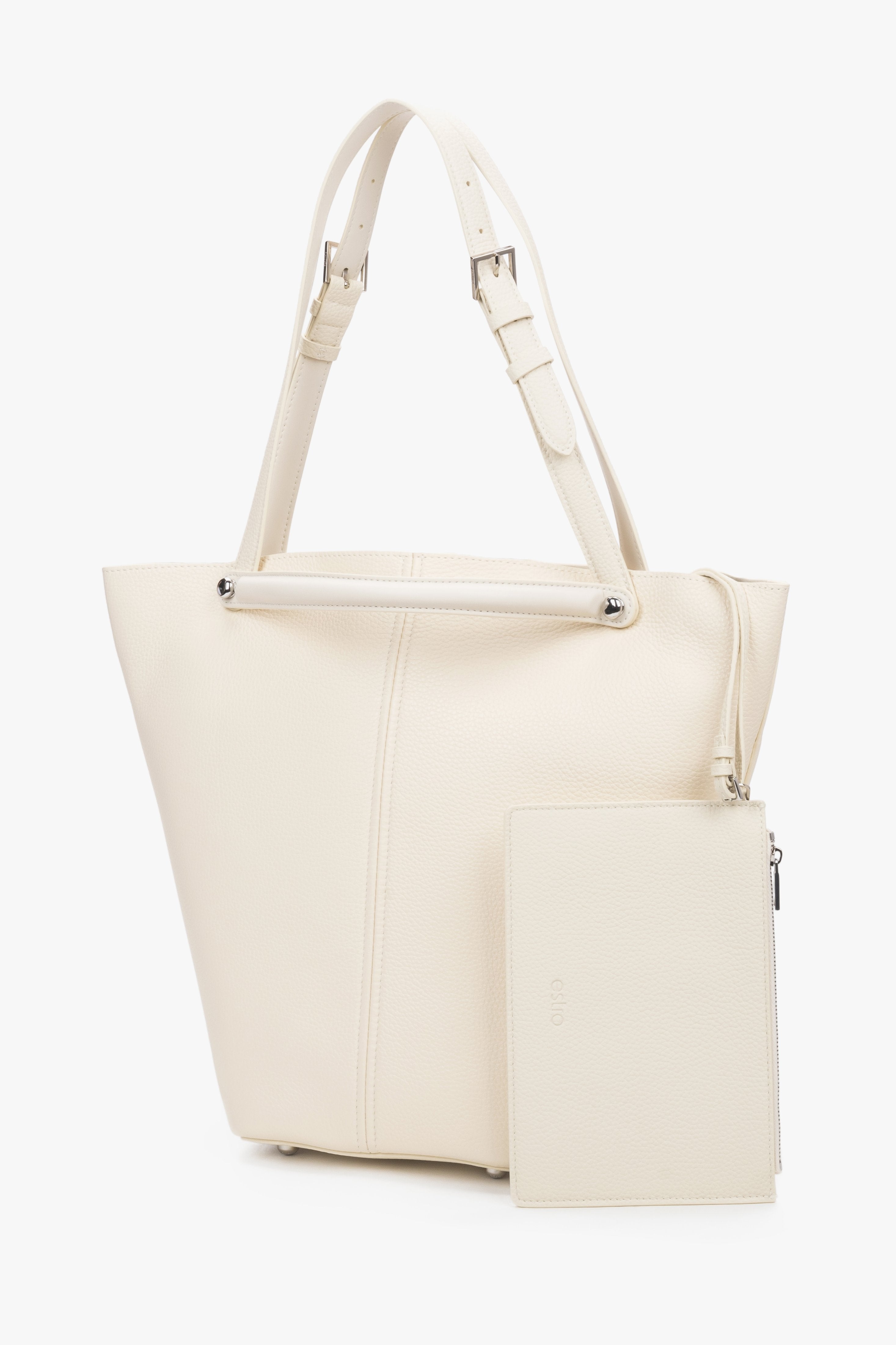 Women's Milky Beige Genuine Leather Tote Bag With Adjustable Handles Estro.