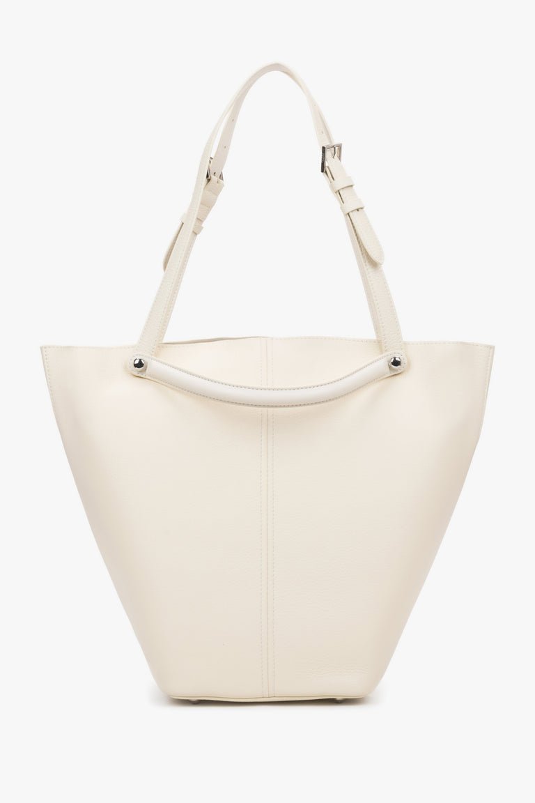 Genuine Leather, Milky Beige Women's Tote Bag With Adjustable Handles Estro.