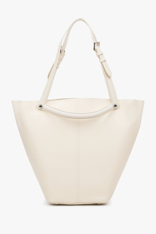 Genuine Leather, Milky Beige Women's Tote Bag With Adjustable Handles Estro.