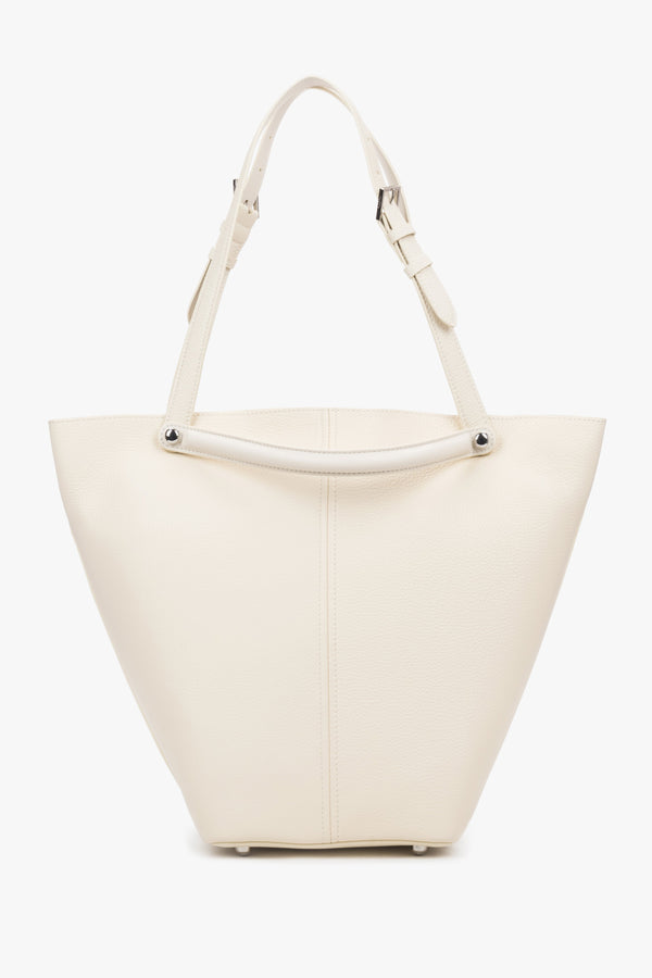Milky Beige Women's Tote Bag Estro, With Adjustable Handles, Genuine Leather.