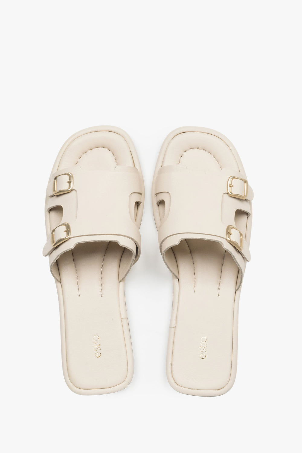 Women’s Milky Beige Leather Flat Slide Sandals with Gold Buckles Estro ER00119557.