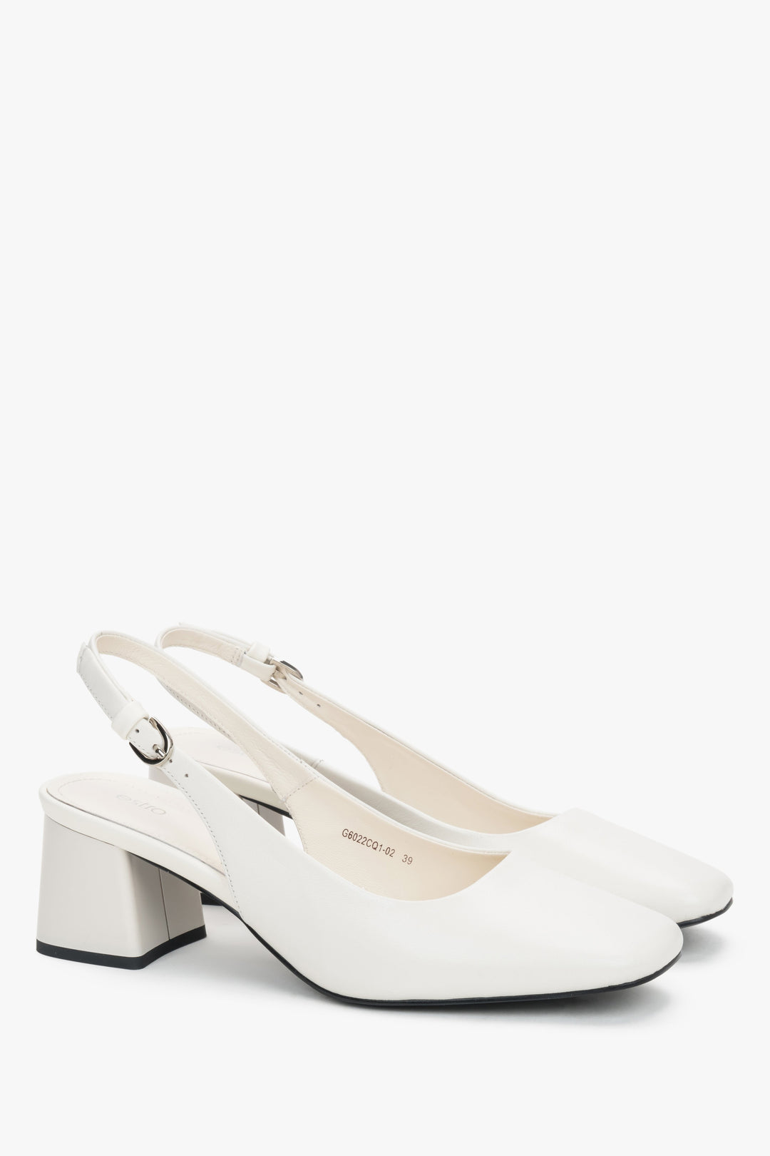 Elegant milky beige leather heels with an adjustable ankle strap and square 5.5 cm heel.
