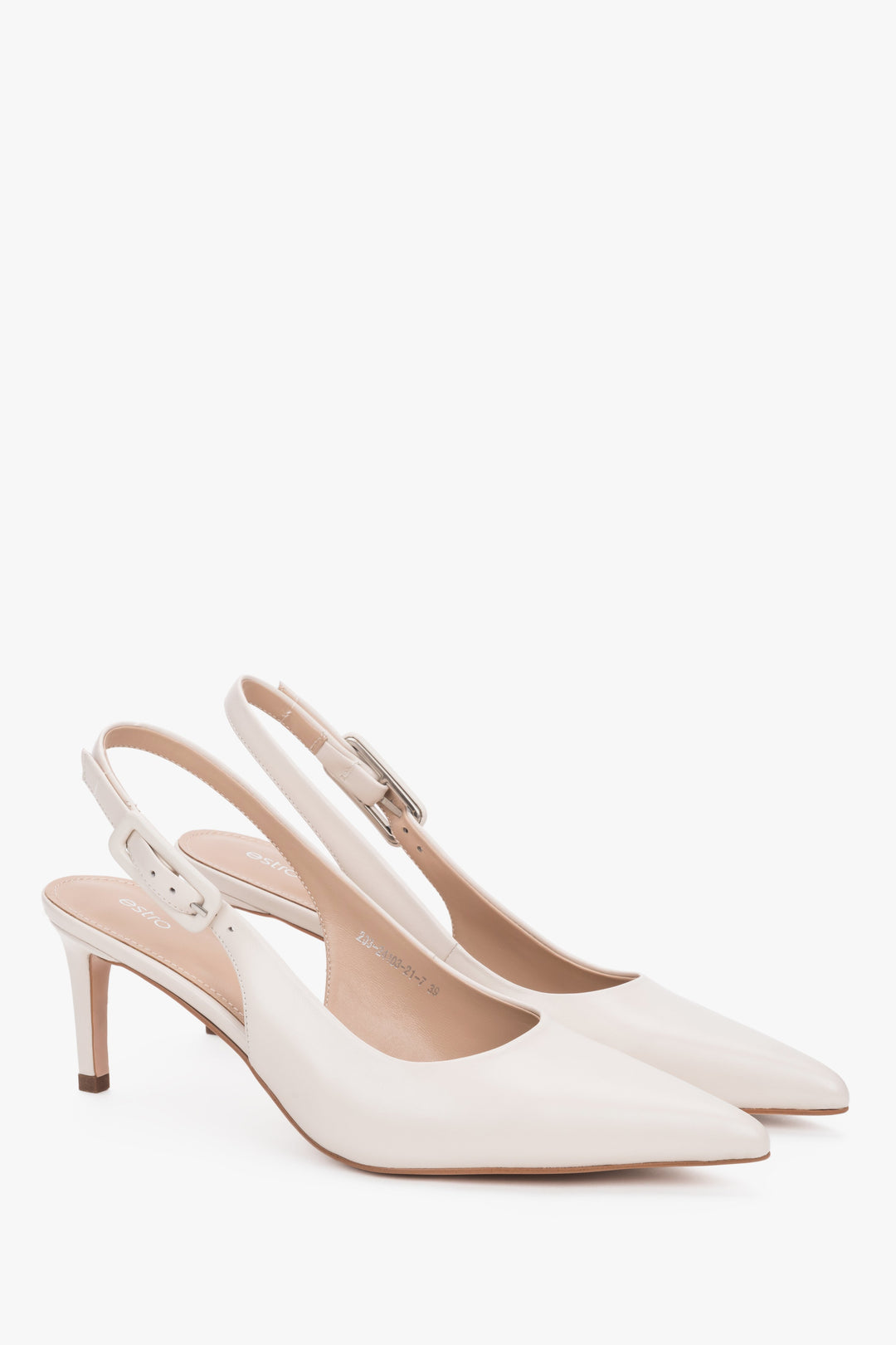 Women’s milky beige natural leather slingback pumps with a pointed toe, Estro.