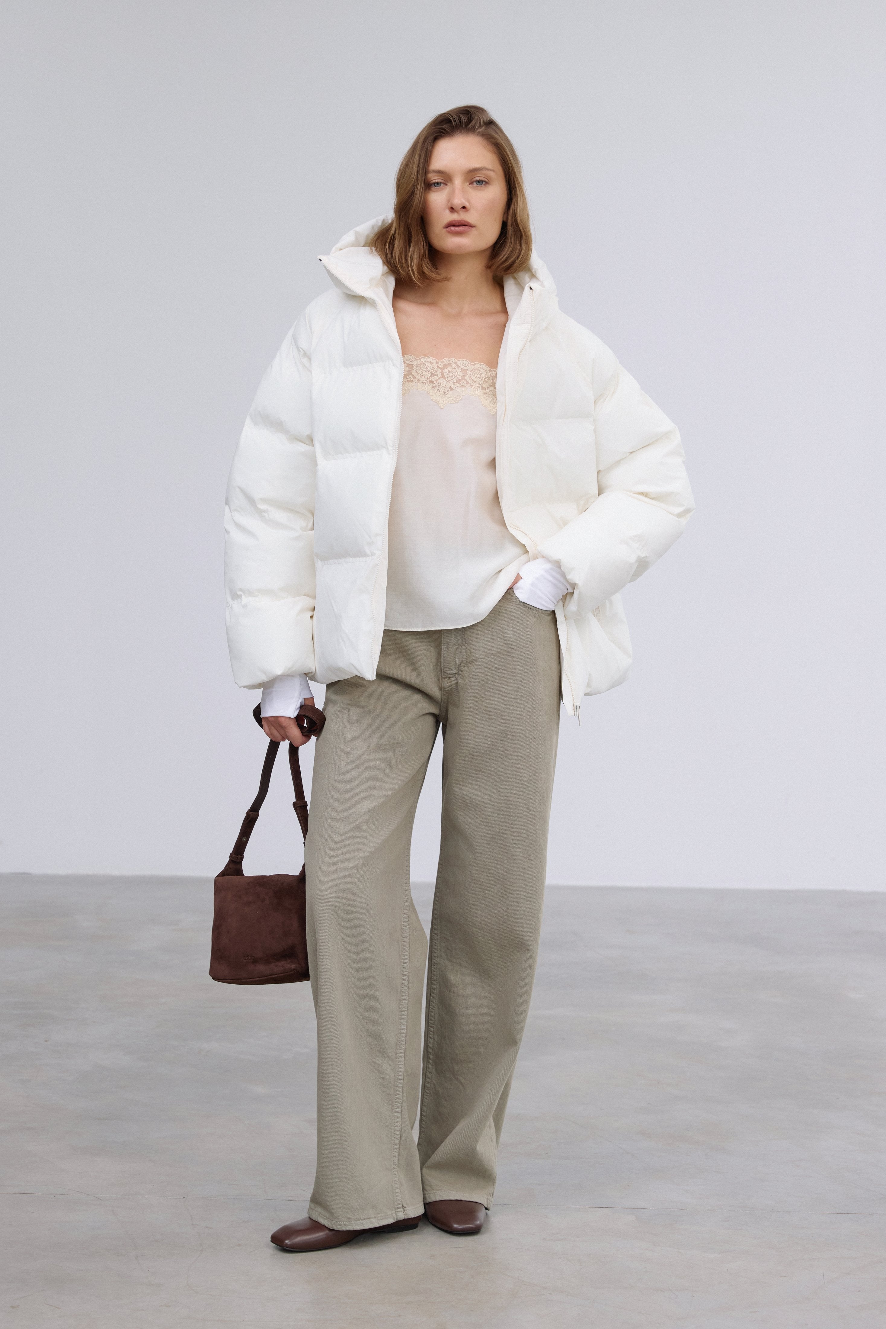 Women's Milky Beige Loose Fit Jacket with Eco-Down Insulation Estro ER00120544.