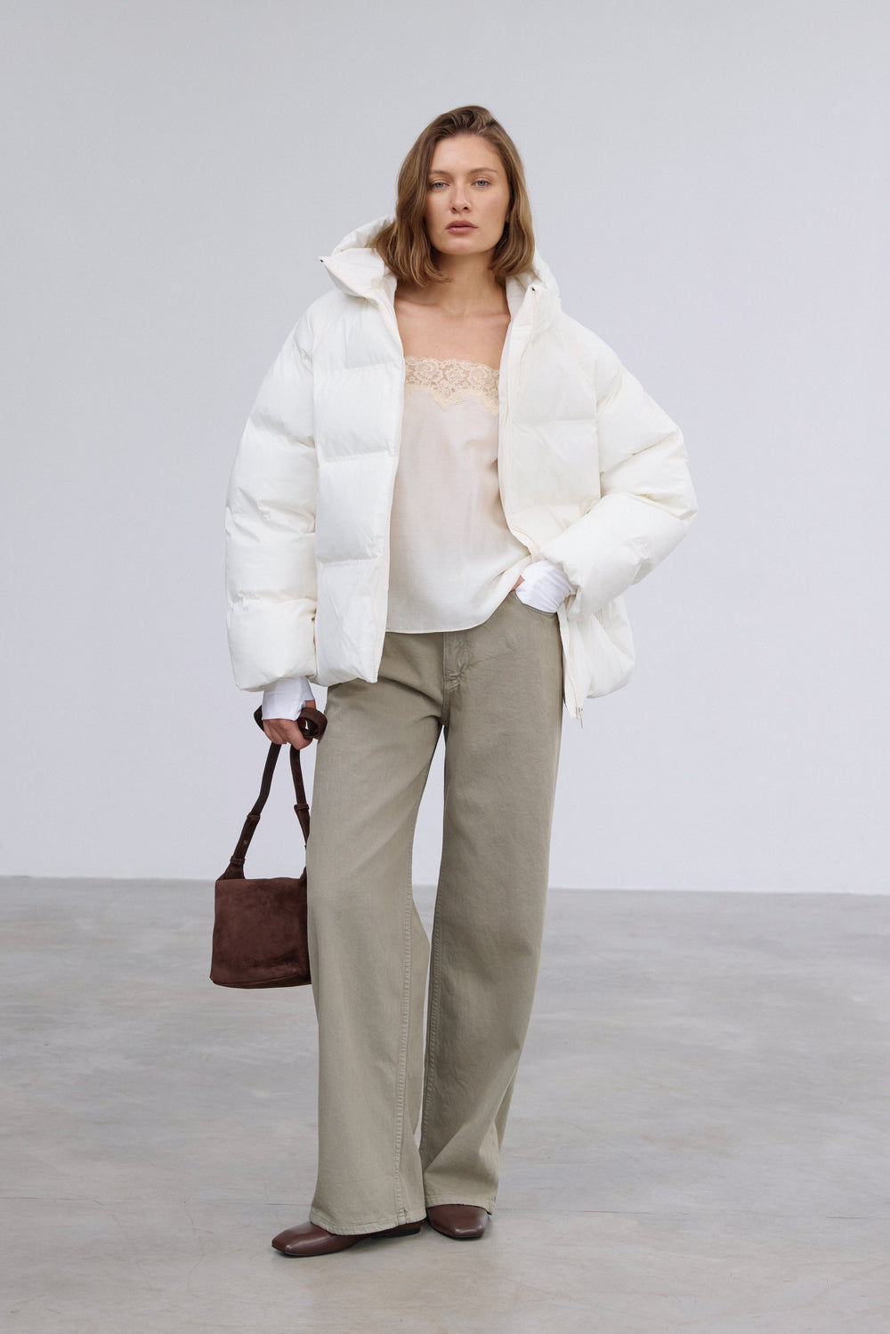 Women's Milky Beige Loose Fit Jacket with Eco-Down Insulation Estro ER00120544.