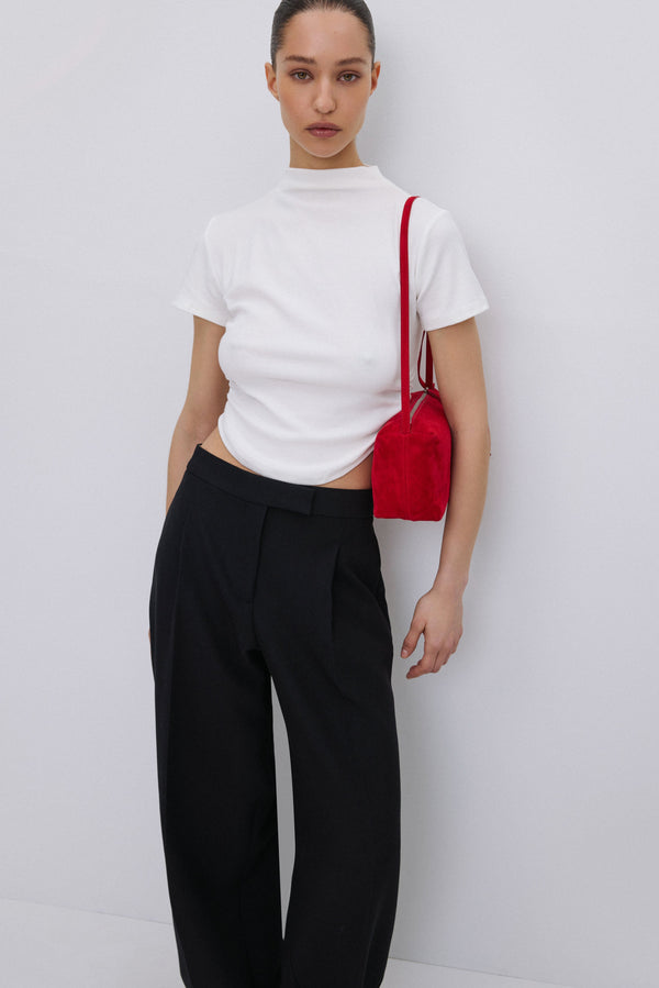 Milky beige women's T-shirt with ruched waist.