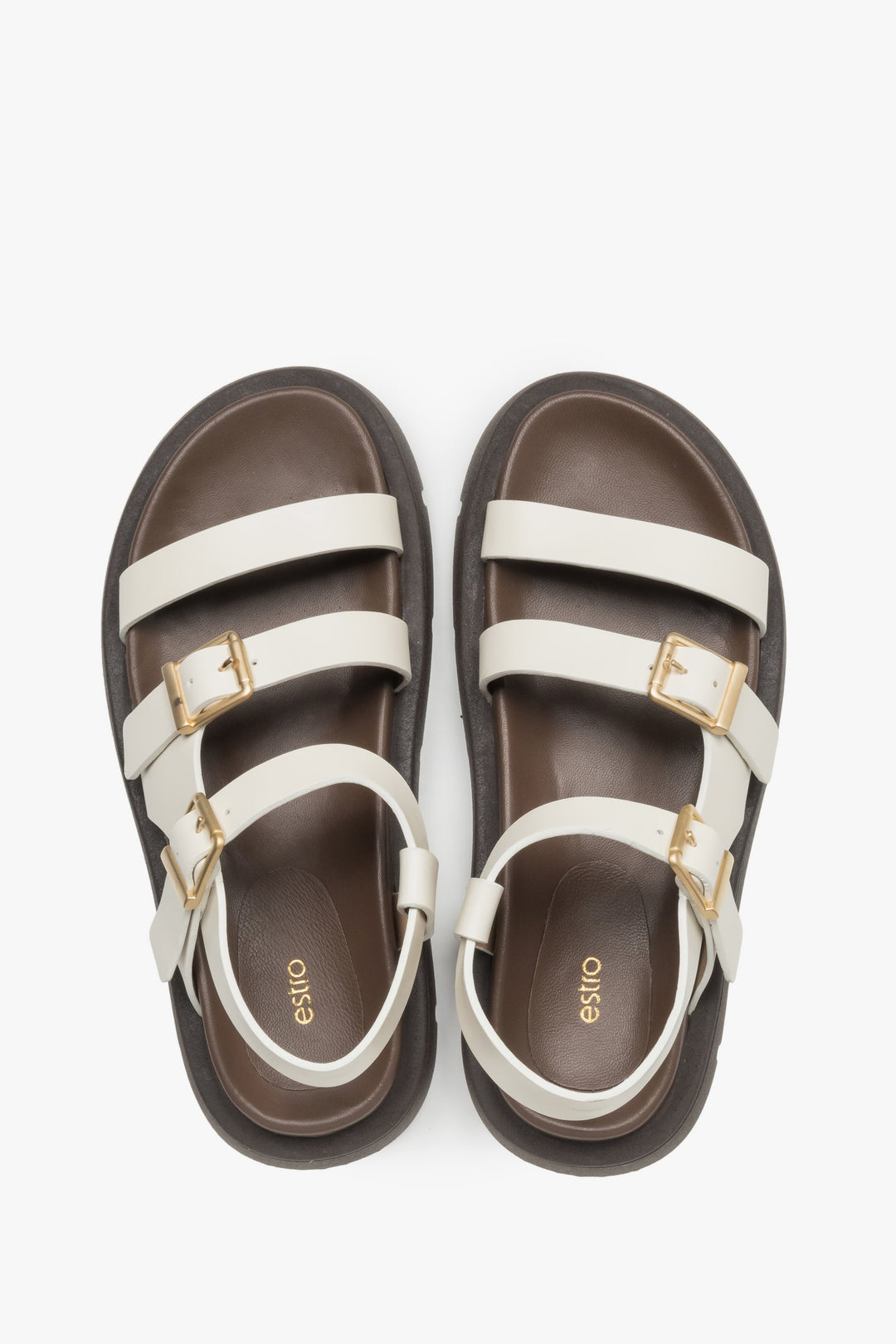Women’s beige sandals made of genuine leather on a flexible sole by Estro – top view.