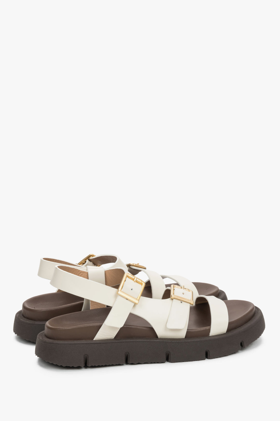 Women’s beige sandals made of genuine leather on a flexible sole by Estro – heel view.