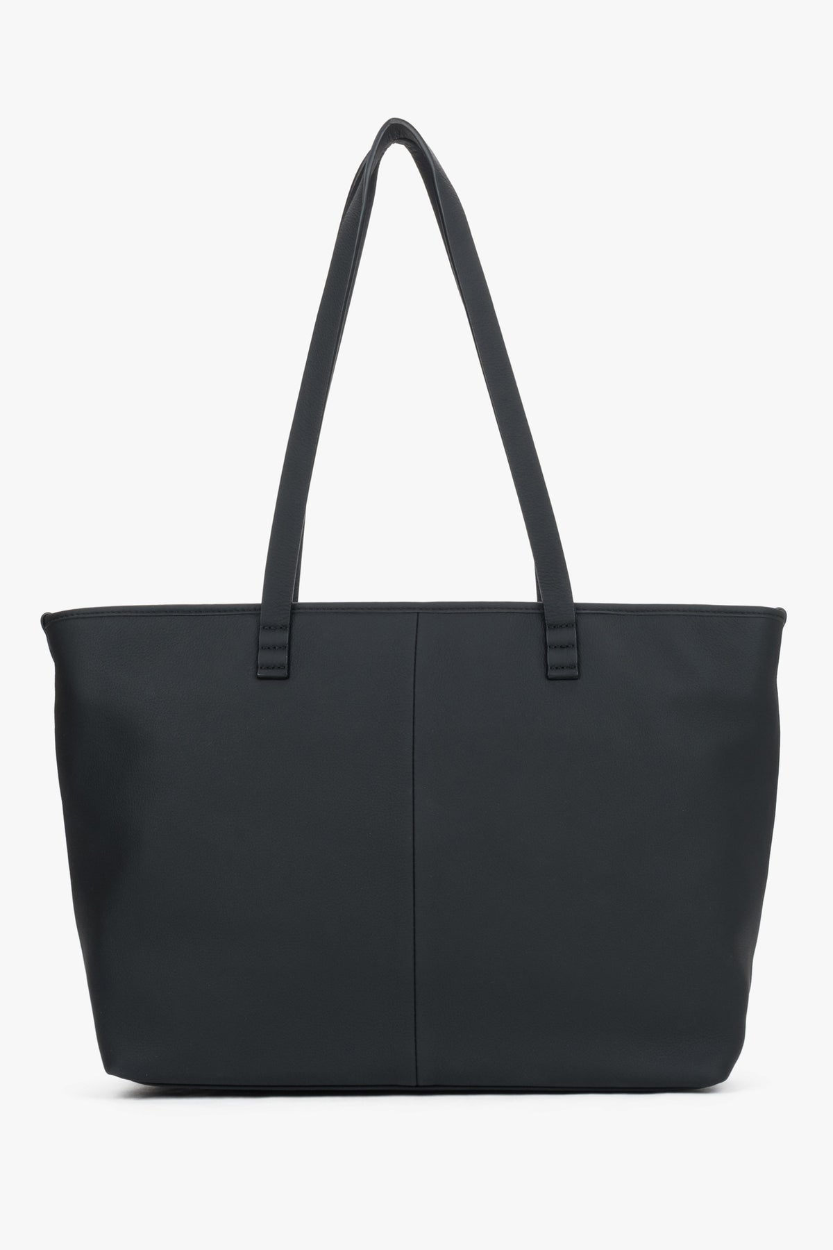 Women's minimalist black leather shopper bag Estro - front view showing clean design and leather texture.