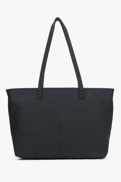 Women's minimalist black leather shopper bag Estro - front view showing clean design and leather texture.